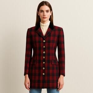 Vintage Ralph Lauren Classic Red Tartan Plaid Mid Length Wool Jacket